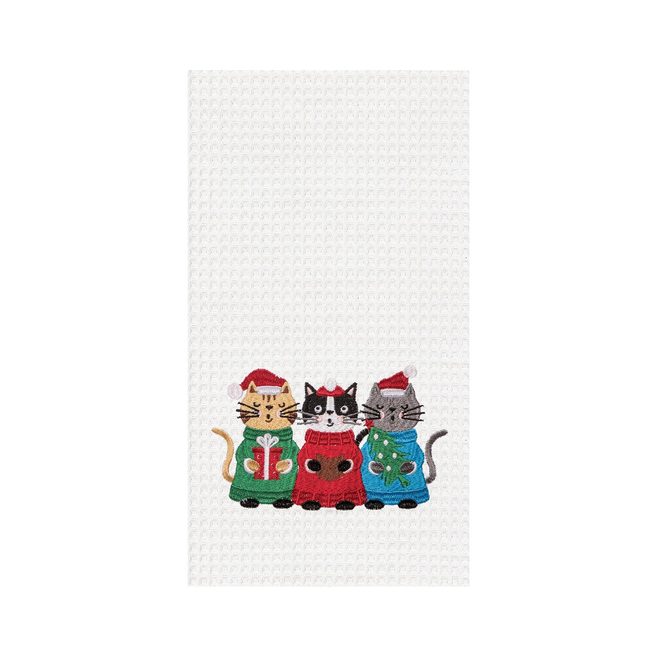 Christmas Caroling Cats Embroidered Cotton Waffle Weave Kitchen Dishtowel
